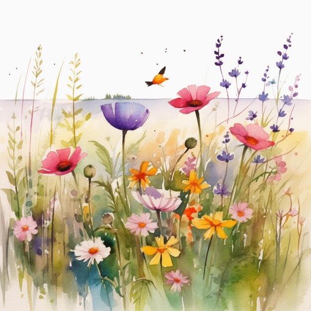 there is a painting of a field of flowers with a butterfly flying over it generative ai