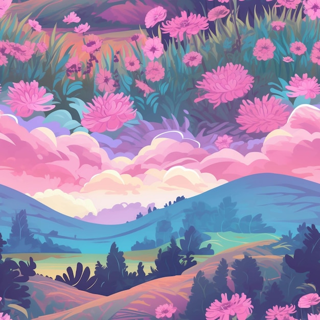 There is a painting of a field with flowers and mountains generative ai