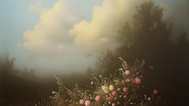 there is a painting of a field with flowers and trees generative ai