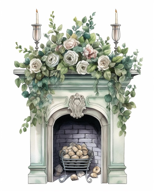 There is a painting of a fireplace with a basket of potatoes and candles generative ai