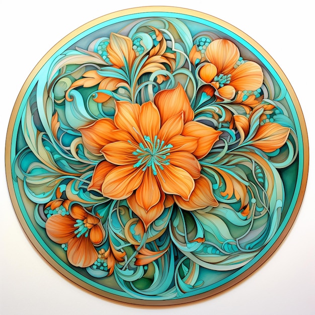 there is a painting of a flower on a plate with swirls generative ai