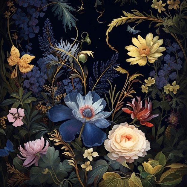 There is a painting of flowers and butterflies on a black background generative ai