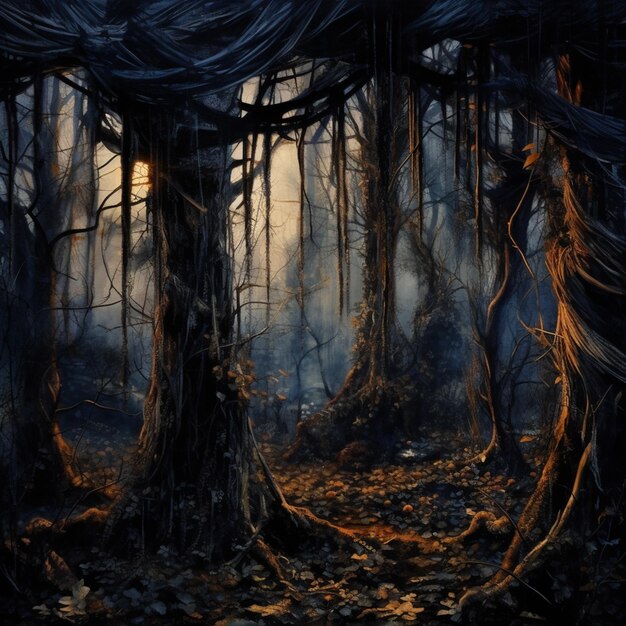 Photo there is a painting of a forest with a lot of trees generative ai