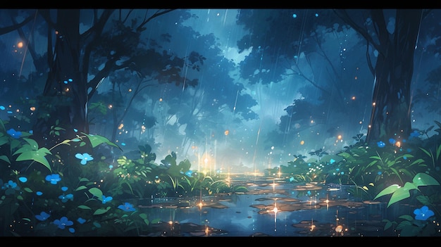 there is a painting of a forest with a pond and fireflies generative ai