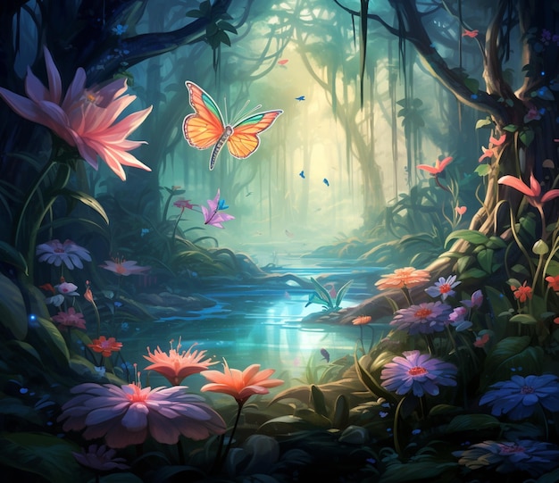 there is a painting of a forest with a stream and butterflies generative ai