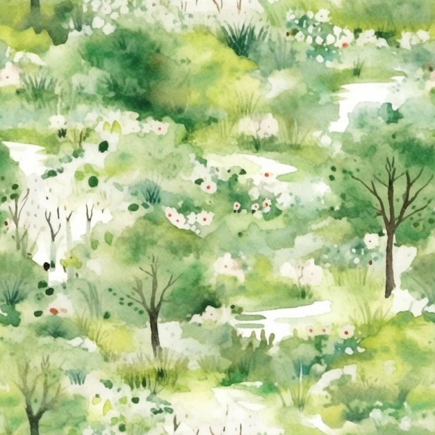 There is a painting of a forest with trees and flowers generative ai