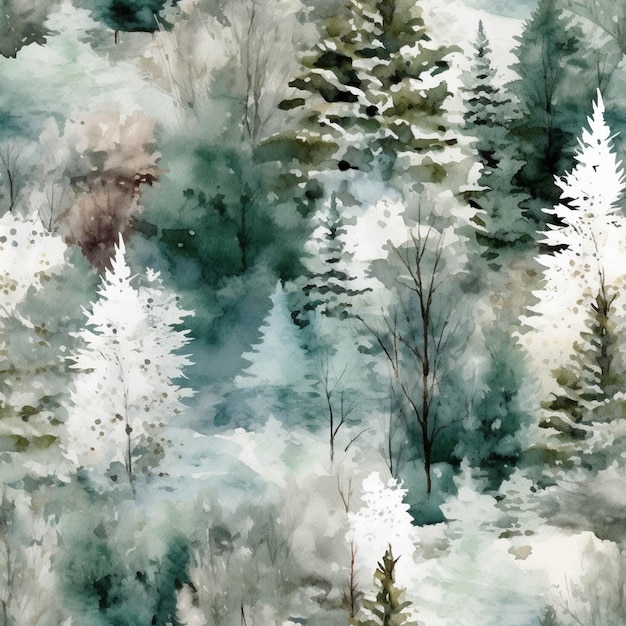 There is a painting of a forest with trees and snow generative ai