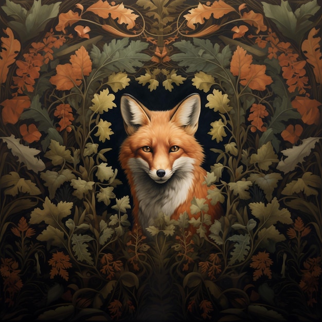 there is a painting of a fox in a floral frame generative ai