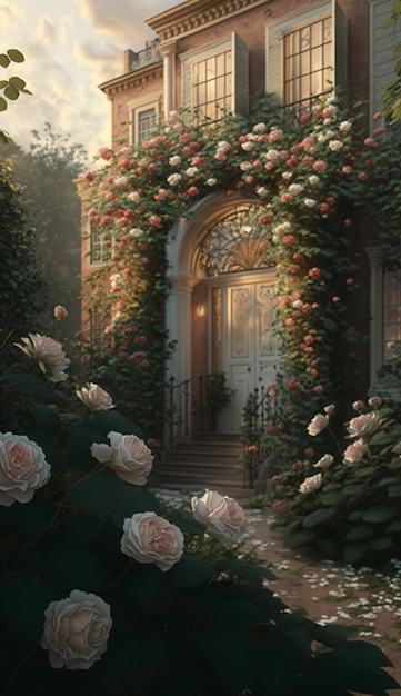 there is a painting of a house with roses growing on the front generative ai