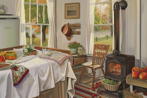 there is a painting of a kitchen with a stove and a table generative ai