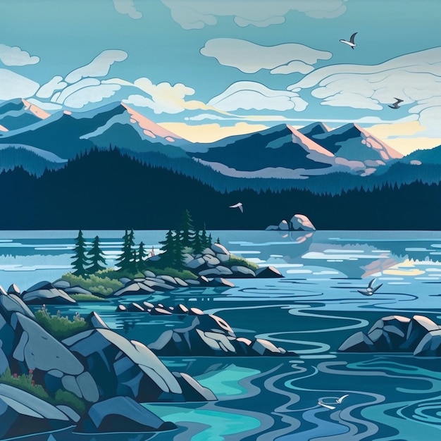 There is a painting of a lake with mountains in the background generative ai