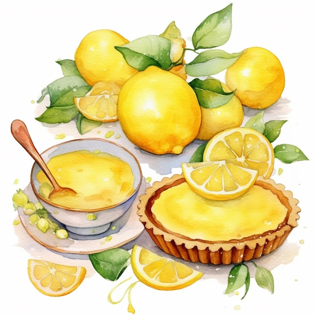 There is a painting of lemons and a pie with a spoon generative ai