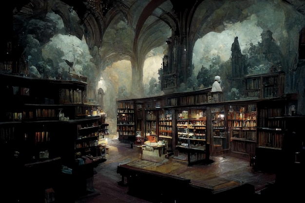 There is a painting of a library with a lot of books generative ai