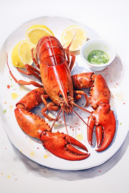 there is a painting of a lobster on a plate with lemons generative ai