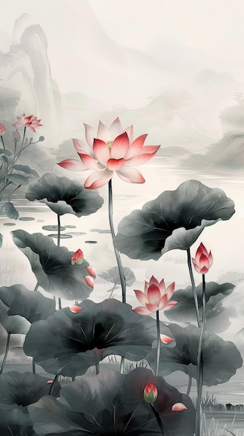 there is a painting of a lotus flower in a field generative ai