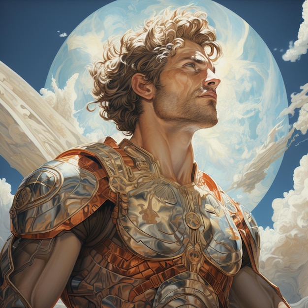 there is a painting of a man in armor with a sky background generative ai