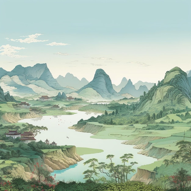 There is a painting of a mountain landscape with a river generative ai