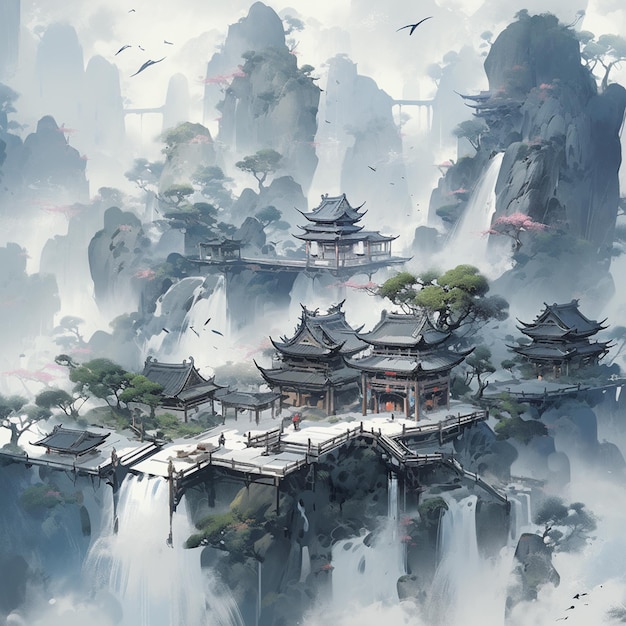 There is a painting of a mountain with a bridge and pagodas generative ai