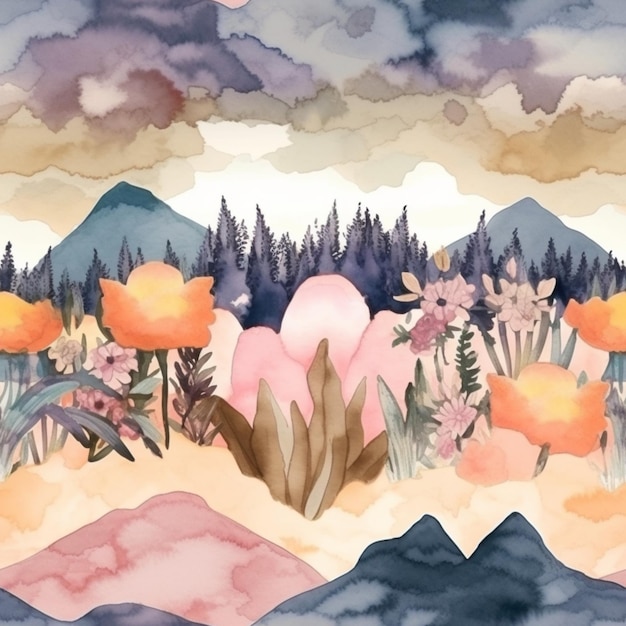 There is a painting of a mountain with flowers and trees generative ai