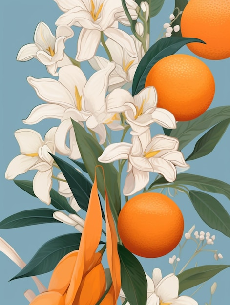 there is a painting of oranges and white flowers on a blue background generative ai