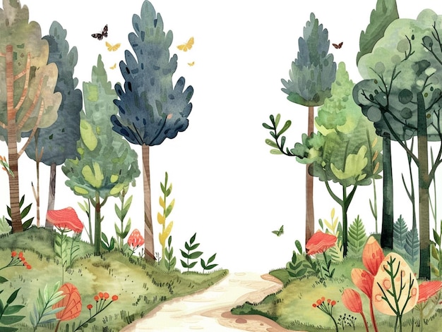 there is a painting of a path in the woods with trees generative ai