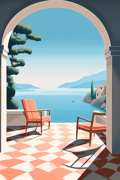 there is a painting of a patio with chairs and a table generative ai