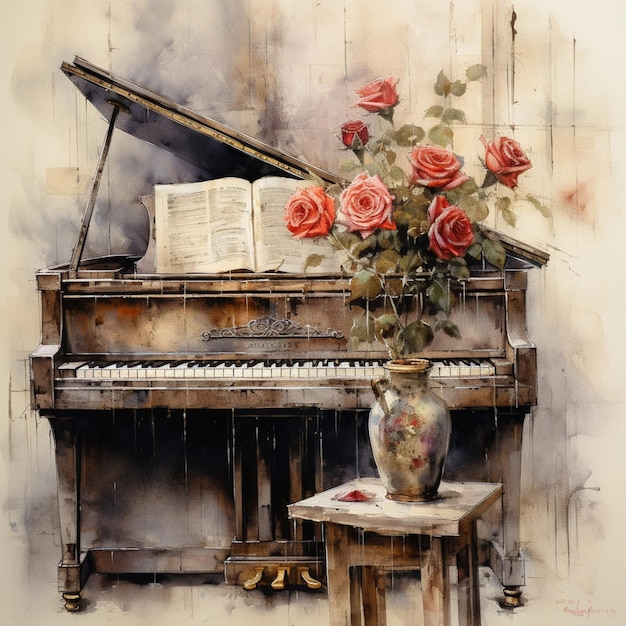 there is a painting of a piano and a vase of roses generative ai