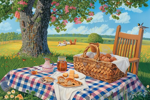 there is a painting of a picnic table with bread and drinks generative ai