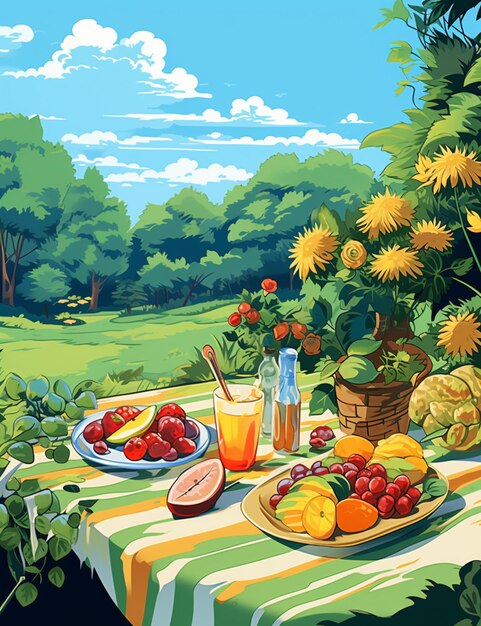 there is a painting of a picnic table with fruit and juice generative ai