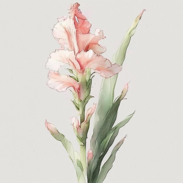 there is a painting of a pink flower with green leaves generative ai