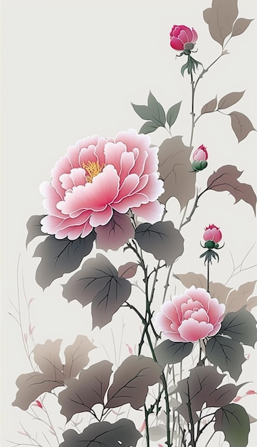 there is a painting of a pink flower with leaves on it generative ai