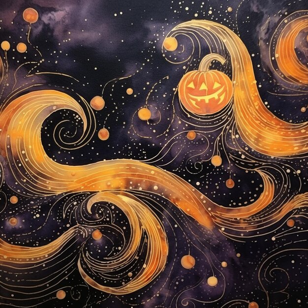 there is a painting of a pumpkin on a starry night sky generative ai