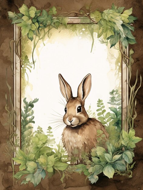 there is a painting of a rabbit in a frame with leaves generative ai