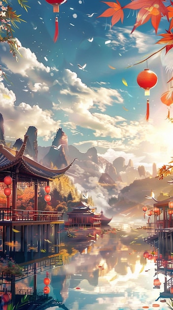 there is a painting of a river with a pagoda and lanterns generative ai