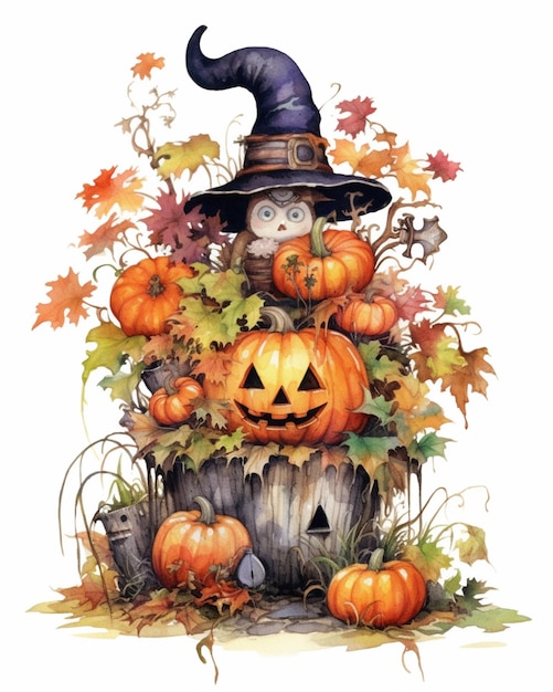 There is a painting of a scare with pumpkins and a witch hat generative ai