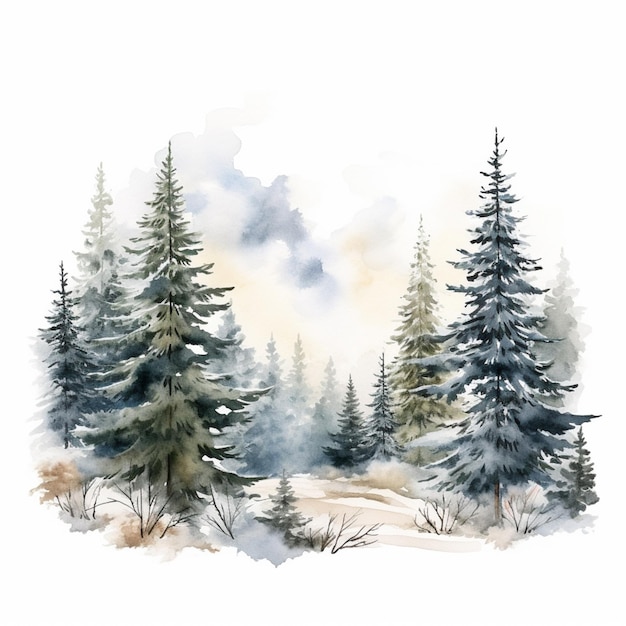 there is a painting of a snowy forest with trees generative ai