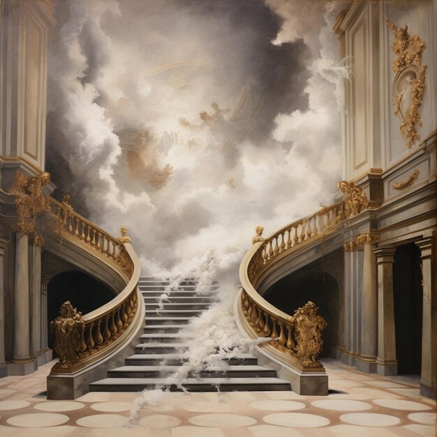 there is a painting of a staircase leading to a sky generative ai