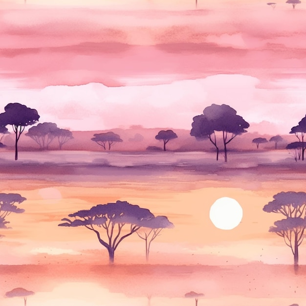 There is a painting of a sunset with trees in the background generative ai