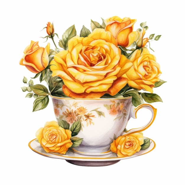 There is a painting of a tea cup with yellow roses in it generative ai