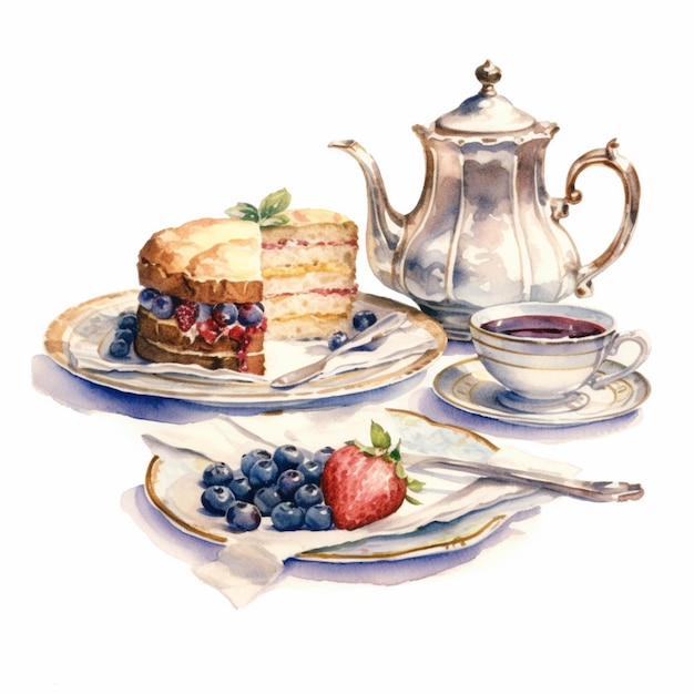 There is a painting of a tea pot and a plate with a cake generative ai