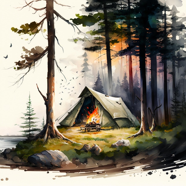 there is a painting of a tent in the woods by the water generative ai