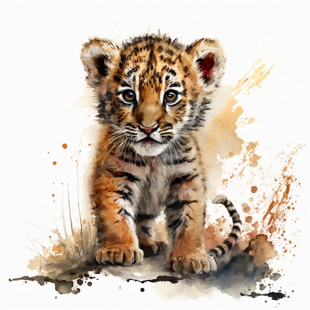 there is a painting of a tiger cub sitting on the ground generative ai