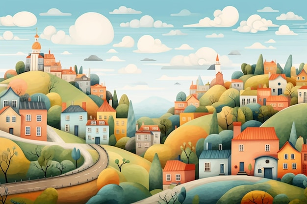 there is a painting of a town on a hill with a road generative ai