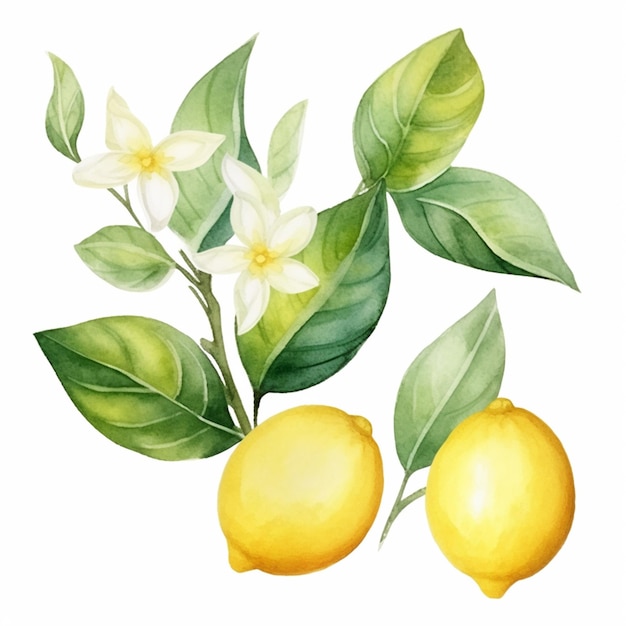 There is a painting of two lemons and a flower on a branch generative ai