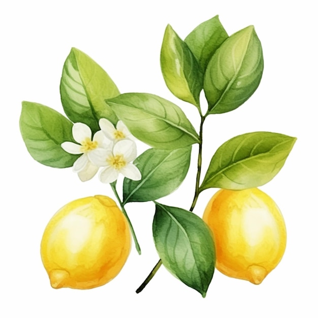 There is a painting of two lemons and a flower on a branch generative ai