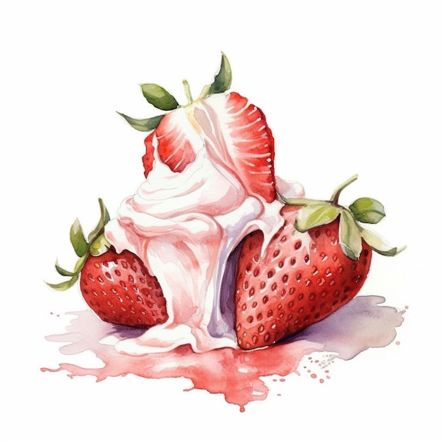 There is a painting of two strawberries with a cream drizzle generative ai