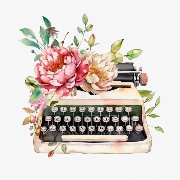 There is a painting of a typewriter with flowers on it generative ai