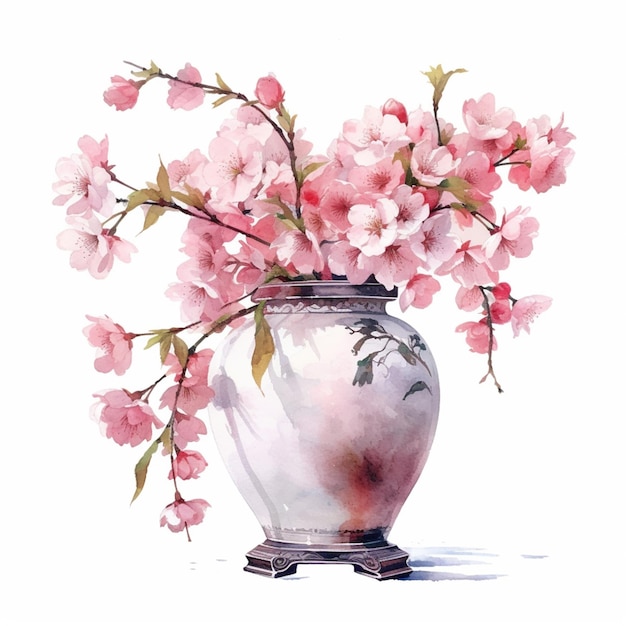 There is a painting of a vase with pink flowers in it generative ai