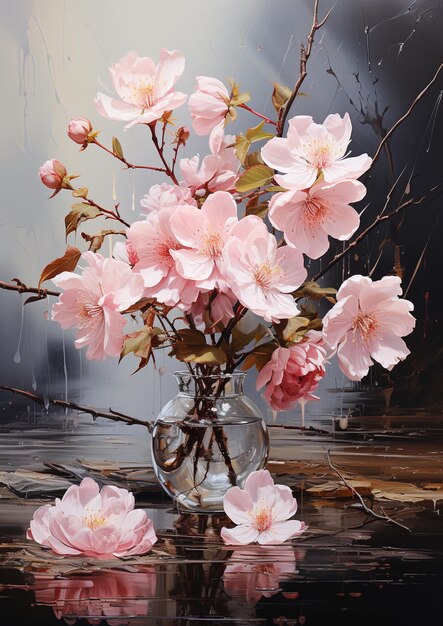 There is a painting of a vase with pink flowers in it generative ai