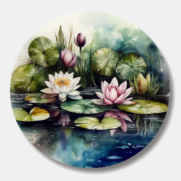 There is a painting of a water lily and lily pads generative ai